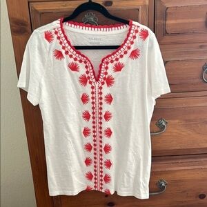 Talbots Red Embroidered White Short Sleeve Top NWOT